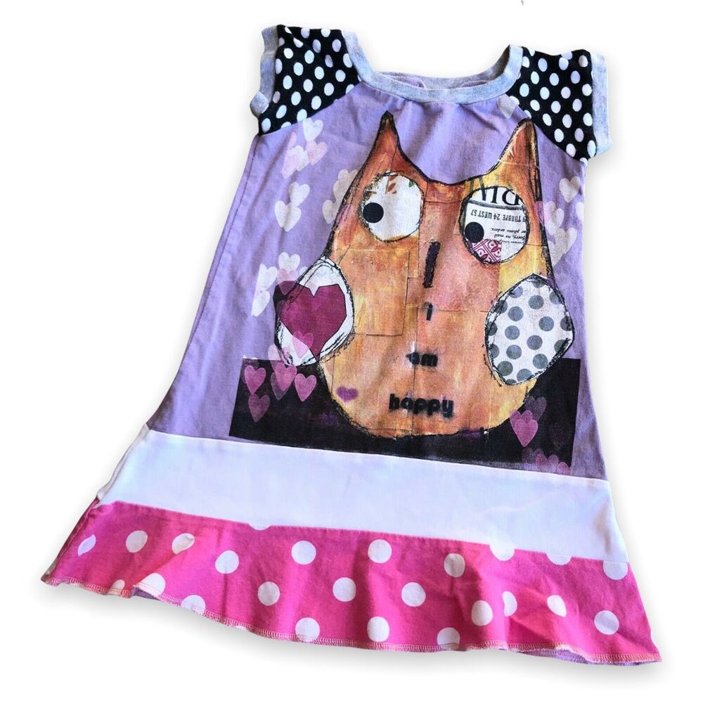 Upcycled I Am Happy Owl Dress Lavender Pink Brown White Polka‎ Dots 4 5 6 READ